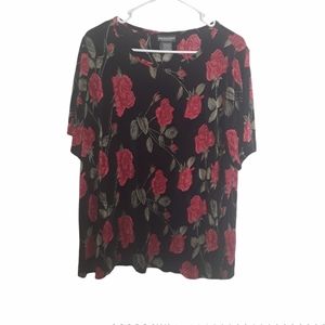 Notations Women's Plus-Size 1X Black Floral Ribbed Short-Sleeve Top
